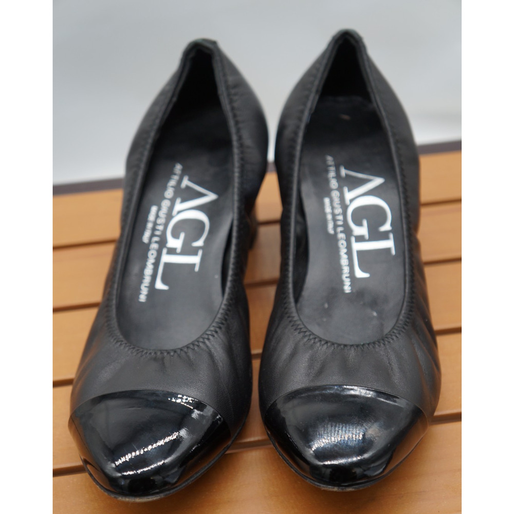 Attilio Giusti Leombruni Shoes Size EU 38/US 8 Black Leather Cap Toe Block Heel